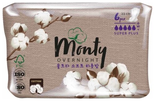 Monty прокладки Ultra Soft Overnight, 5 капель, 6 шт., белый