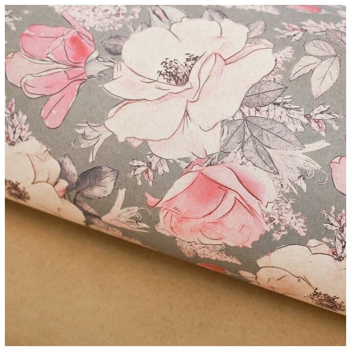 Бумага упаковочная крафтовая «Цветы на сером» 50 × 70 см