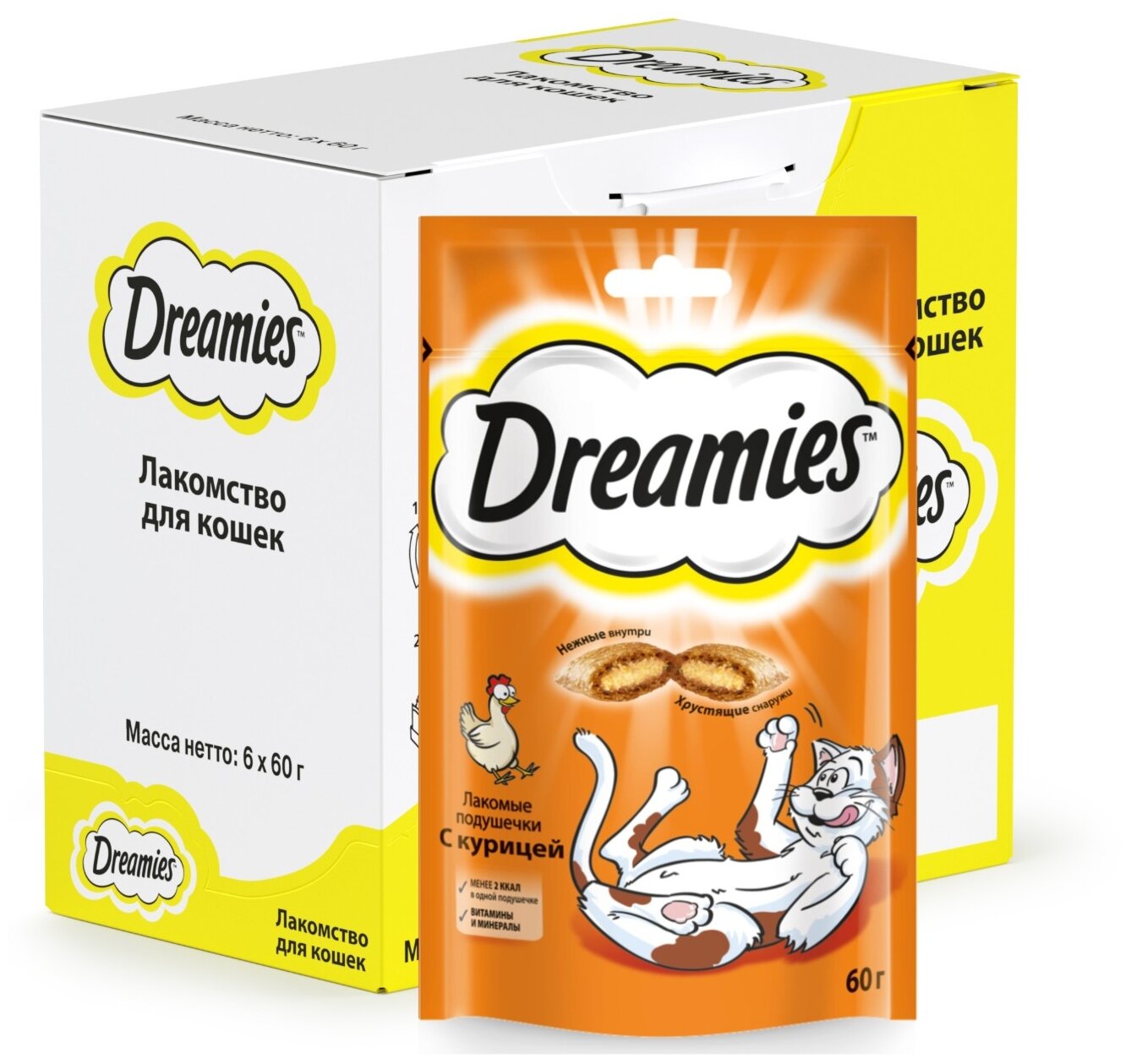 Dreamies лакомство для кошек, подушечки c курицей (6шт в уп) 60 гр
