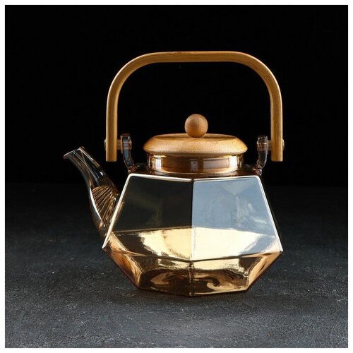 Чайник стеклянный заварочный с бамбуковой крышкой и металлическим фильтром «Октогон», 800 мл, цвет золотой (1шт.)