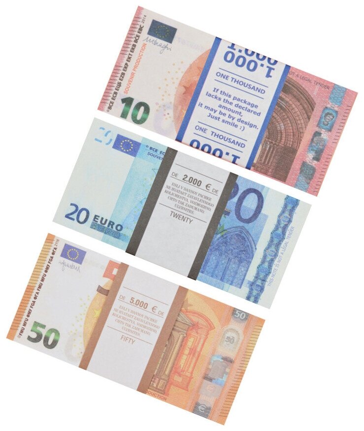Набор сувенирных денег бумажные 10 20 50 евро