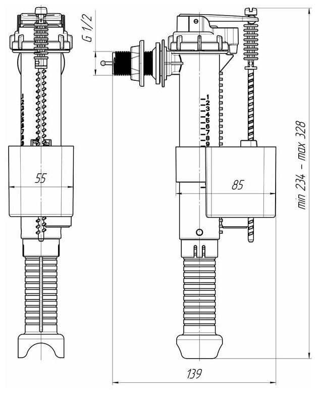 Заливная арматура клапан для бачка унитаза АНИ пласт WC5010 G 1/2" боковая с пластиковым штуцером