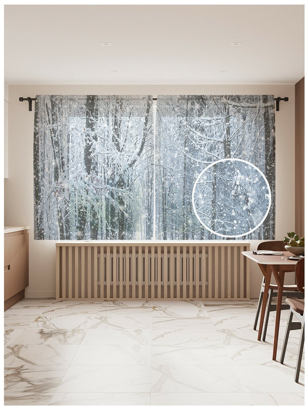 Тюль для кухни и спальни JoyArty "Лесные снега", 2 полотна со шторной лентой шириной по 145 см, высота 180 см.