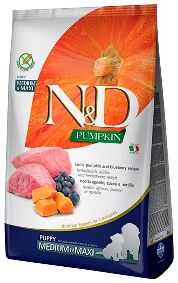 FARMINA DOG N&D GRAIN FREE PUMPKIN PUPPY MEDIUM & MAXI LAMB & BLUEBERRY беззерновой для щенков средних и крупных пород с ягненком, черникой и тыквой (12 кг)