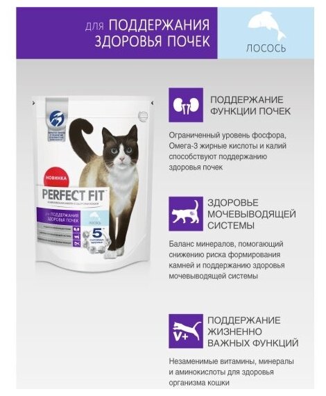 Сухой полнорационный корм PERFECT FIT™ «Здоровье почек» для взрослых кошек с лососем, 650г - фотография № 6