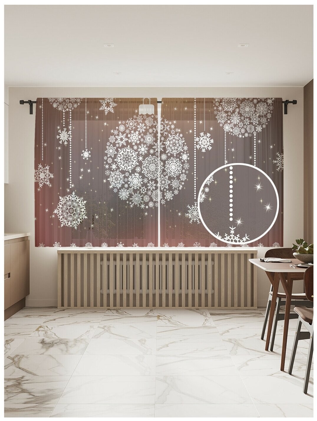 Тюль для кухни и спальни JoyArty "Снежные украшения", 2 полотна со шторной лентой шириной по 145 см, высота 180 см.