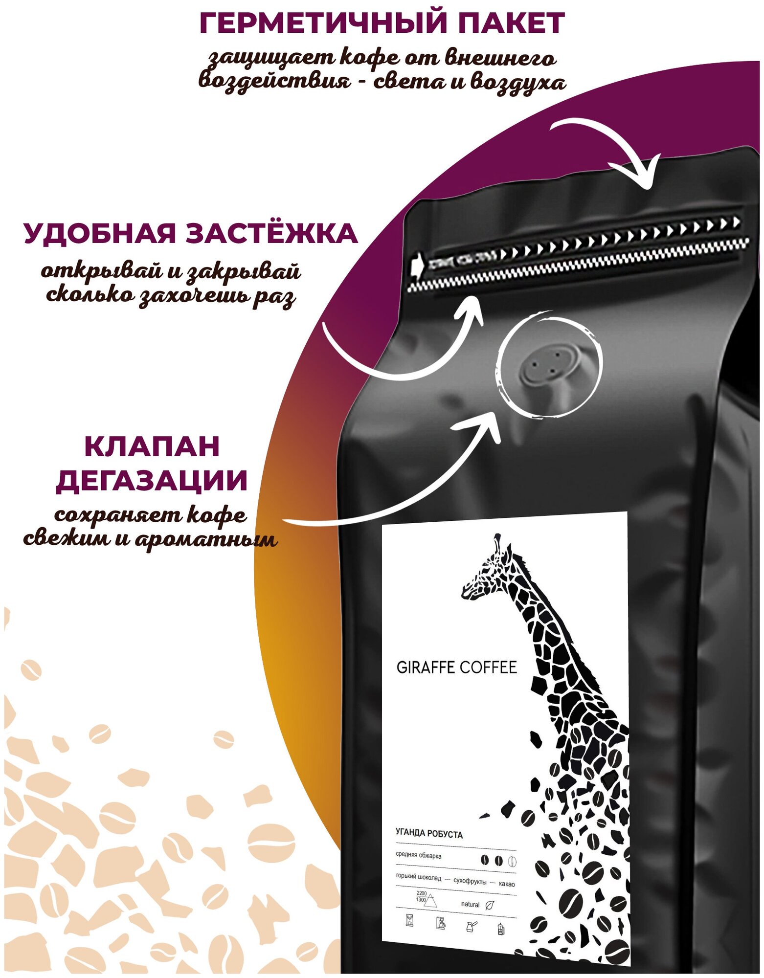 Кофе в зернах 1 кг Giraffe Coffee Уганда Робуста 100%, натуральный зерновой кофе, свежеобжаренный, кофе для кофемашины