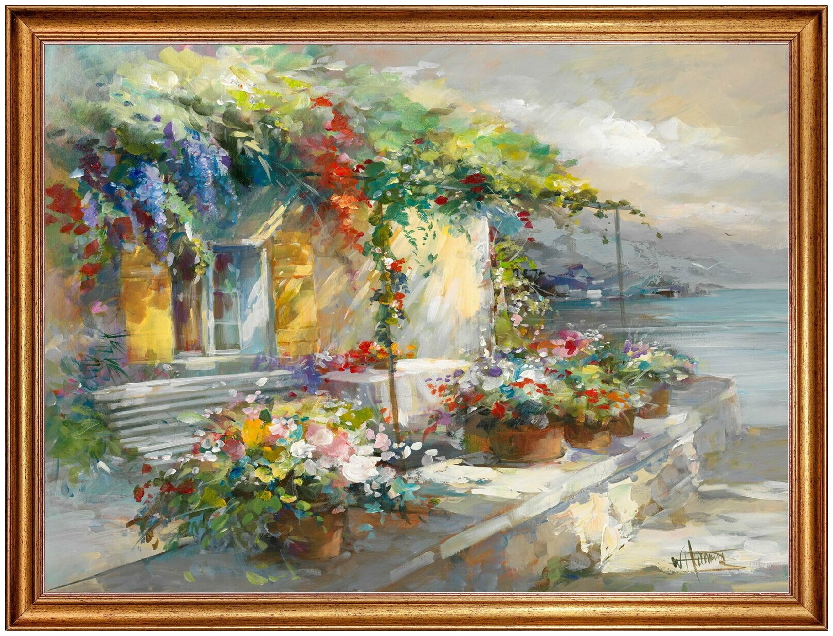 Картина на холсте, "Веранда у моря", 80х60 см, художник - Willem Haenraets. Холст на деревянном подрамнике, оформлена в багет, Арт. ХВ-х67