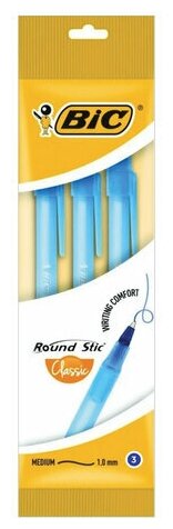 Ручки шариковые BIC "Round Stic", набор 3 шт, синие, узел 1 мм, линия письма 0,32 мм, пакет