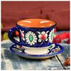 Чайная пара Риштанская Керамика Цветы, 100 мл, (тарелка 10см, чашка 7,5см), синяя - изображение
