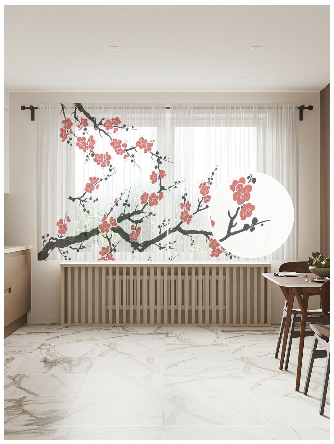 Тюль для кухни и спальни JoyArty "Цвет сакуры", 2 полотна со шторной лентой шириной по 145 см, высота 180 см. - фотография № 1
