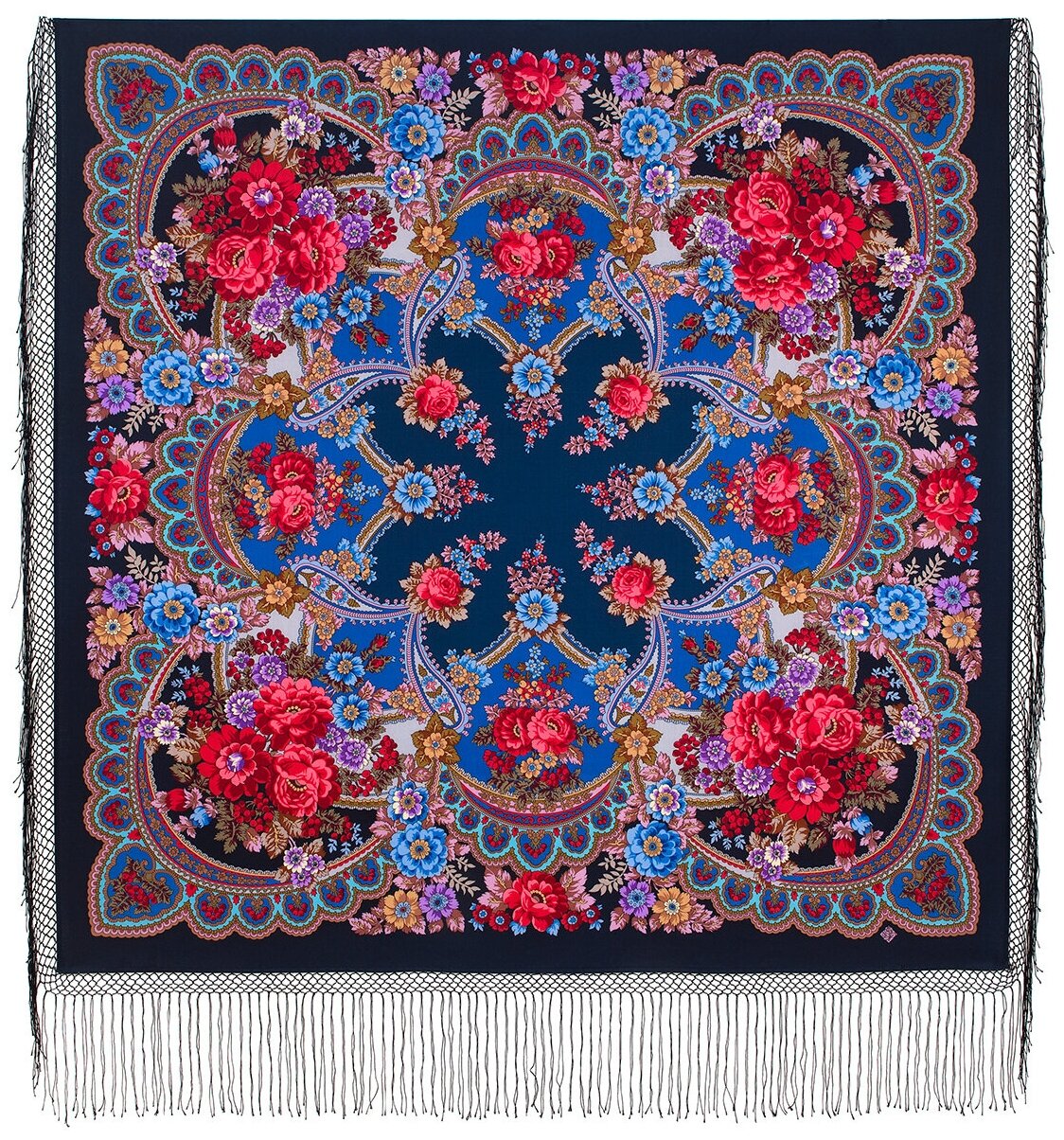 Павловопосадские платки,Многоцветный платок из уплотненной шерстяной ткани с шелковой бахромой Времена года. Осень 