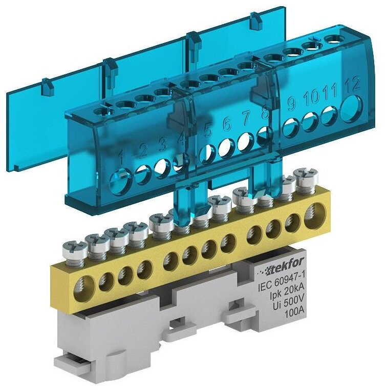 фото Tekfor Шина изолированная сечение 6х9, 16 отв, крепление на DIN-рейку и поверхность, синяя KSN-6-6x9-16 BLUE