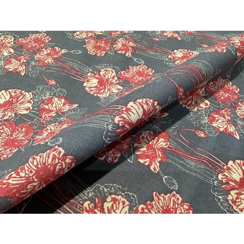 150 см. Ткань лен с принтом Red flowers от 1 метра