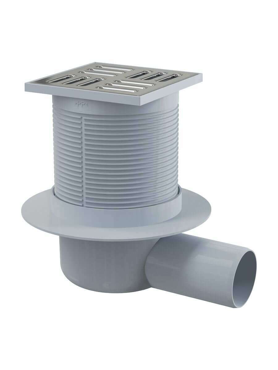 Сливной трап Alcaplast APV1 (105x105/50) боковая подводка, решетка нерж. сталь, мокрый гидрозатвор