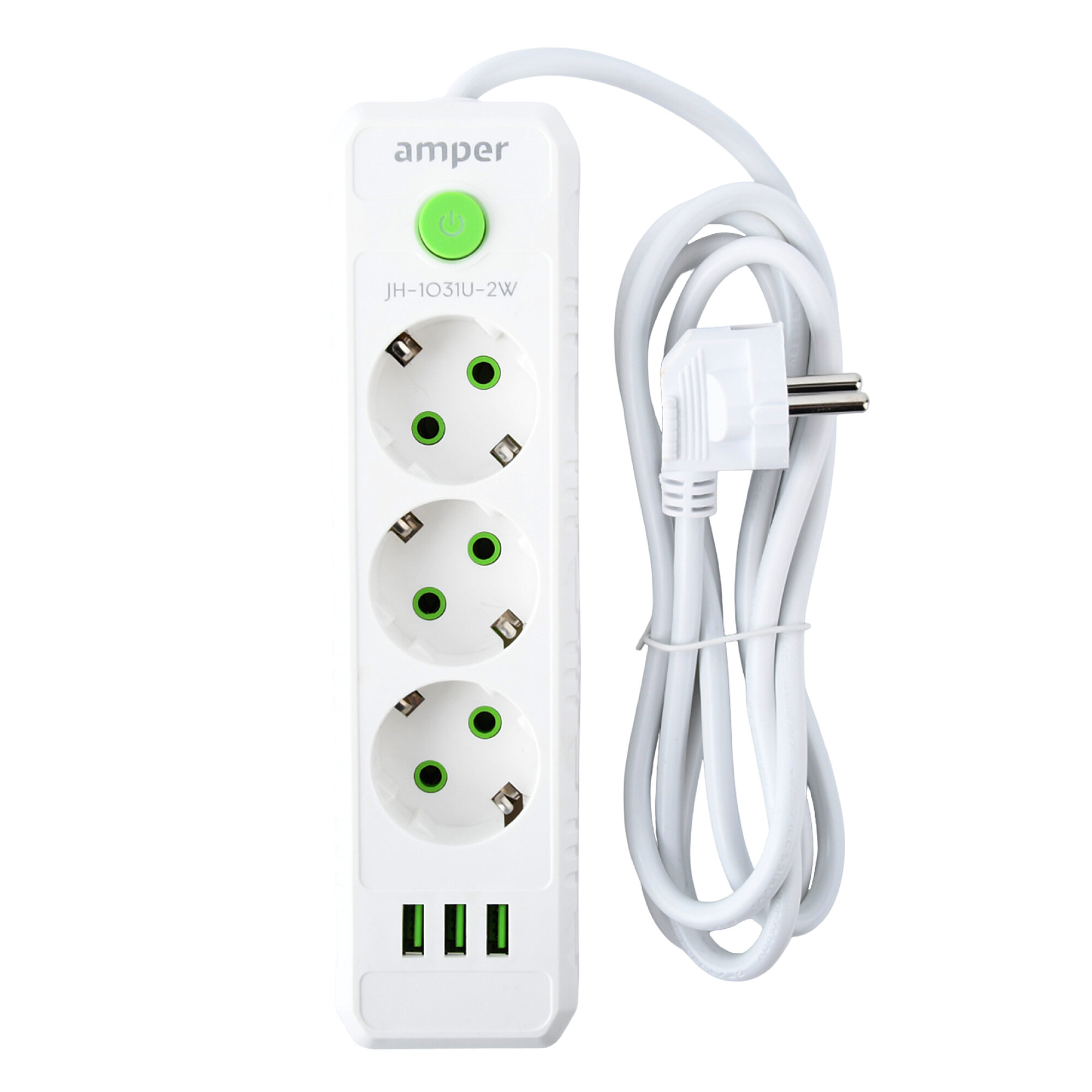 Сетевой удлинитель Amper 20м 3 розетки 10А 2500 Вт 3usb белый.