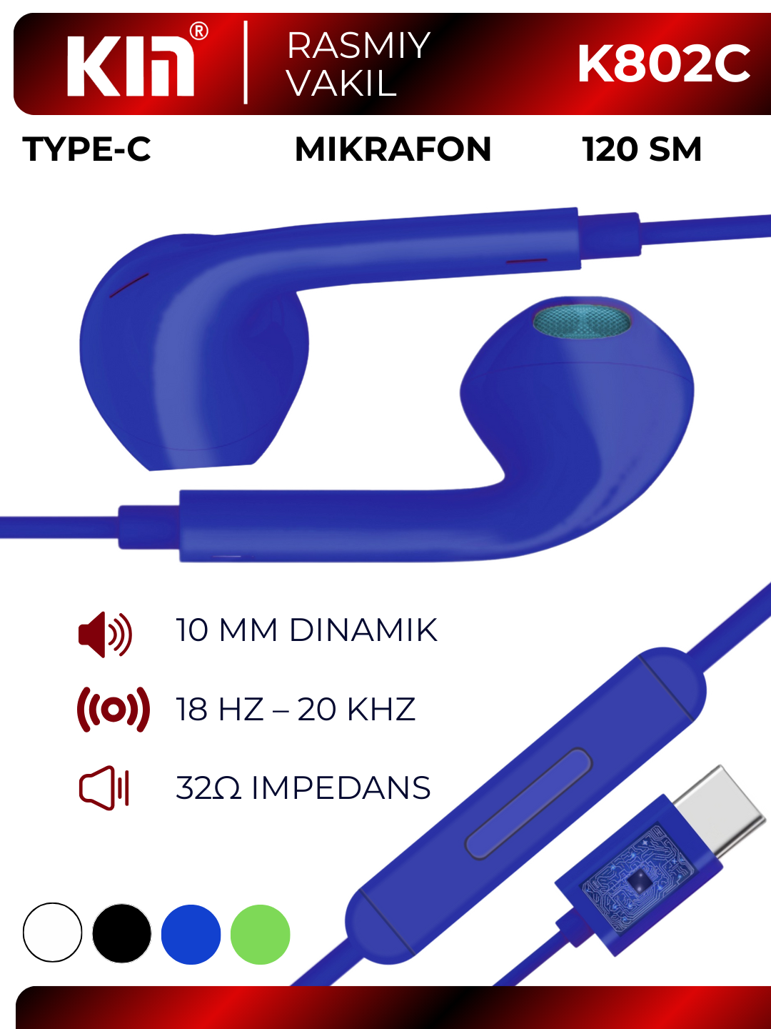 Наушники KIN K802C, Type-C разъём, влагозащитные, с микрофоном — фото 1