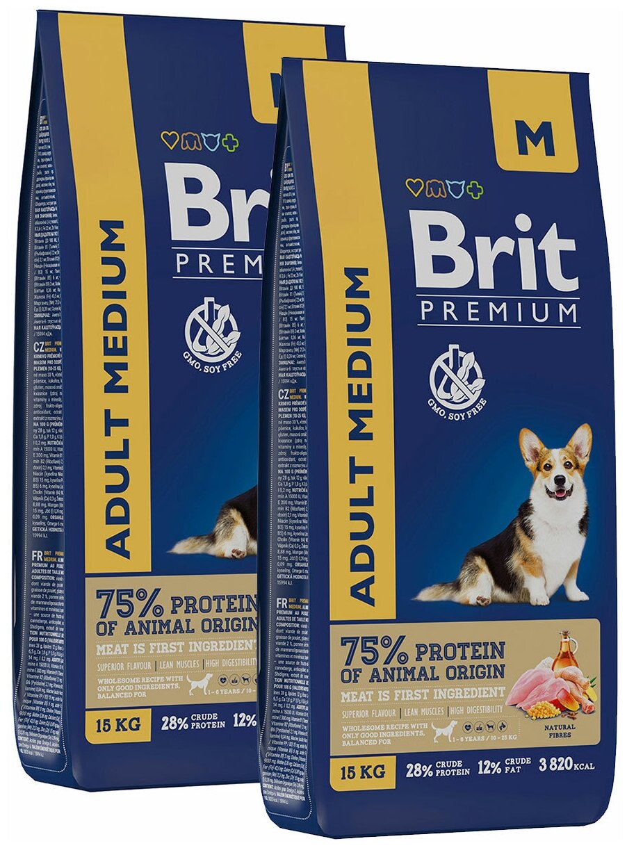 BRIT PREMIUM DOG ADULT MEDIUM для взрослых собак средних пород с курицей (15 + 15 кг)