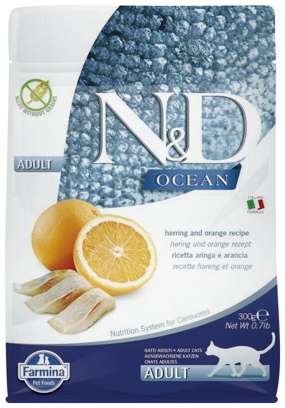 Farmina N&D Cat Ocean Herring&Orange Adult корм для взрослых кошек Рыба и апельсин, 300 г.