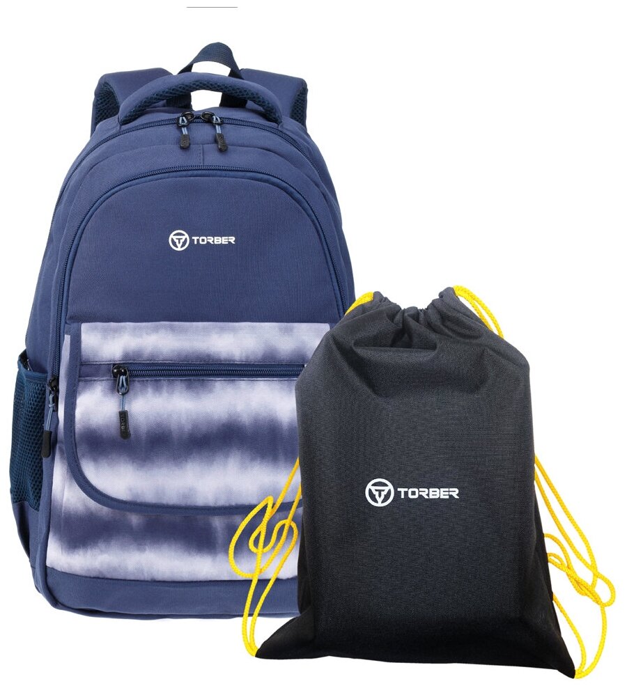 Рюкзак TORBER CLASS X, темно-синий с орнаментом, 45 x 30 x 18 см + Мешок для сменной обуви в подарок TORBER MR-T2743-22-DBLU-M