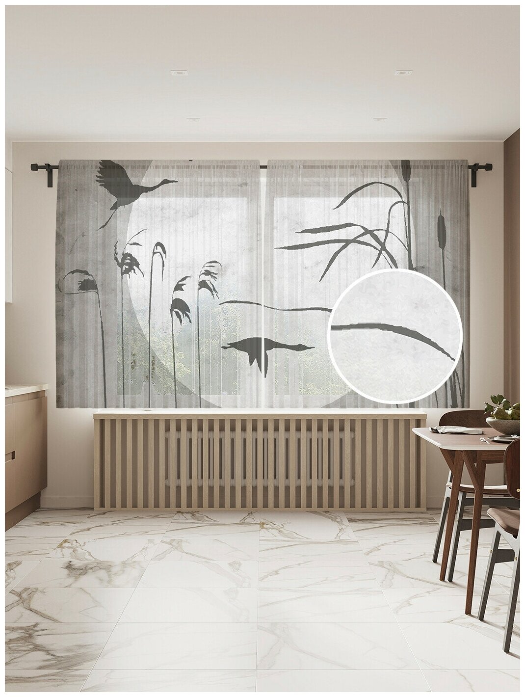 Тюль для кухни и спальни JoyArty "Утки над водой", 2 полотна со шторной лентой шириной по 145 см, высота 180 см.
