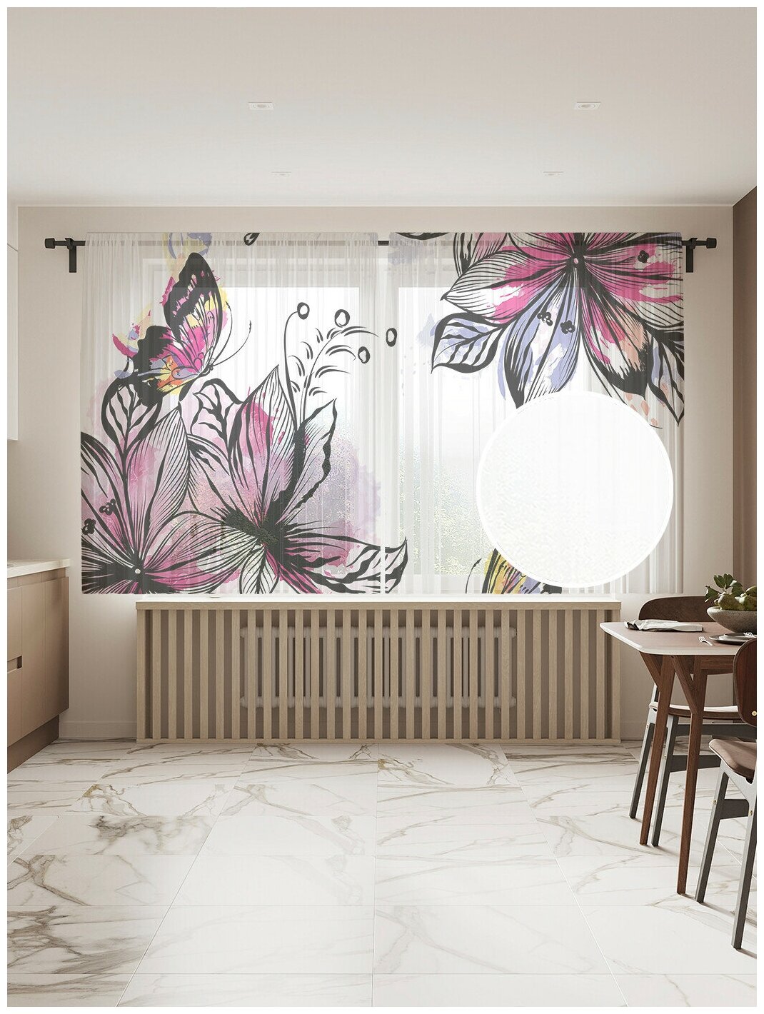 Тюль для кухни и спальни JoyArty "Бабочки в цветах", 2 полотна со шторной лентой шириной по 145 см, высота 180 см. - фотография № 1