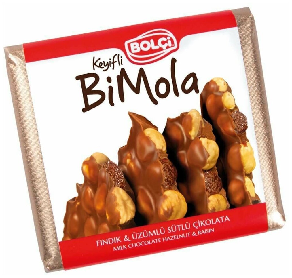 Молочный шоколад Bolci "BiMola" с лесным орехом и изюмом нетто 70 г - фотография № 1