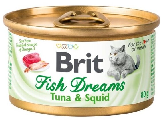 Корм влажный Brit консервированный для кошек Fish Dreams Tuna & Squid Тунец и кальмар 12шт*80 г