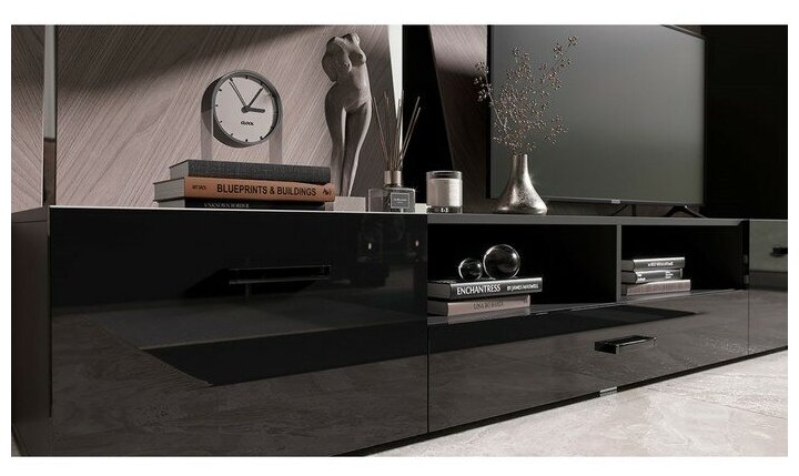 фото Тумба под ТВ Николь, 2000х520х350, Черный глянец/Черный