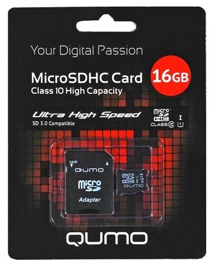 Карта памяти microSDHC Qumo QM16GMICSDHC10U1 16 Гб класс 10 UHS-I - 90*10 МБ/с 10 FULL HD 1080 Video - с адаптером SD