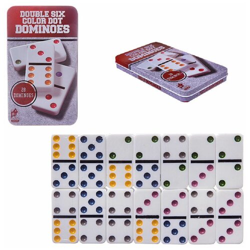 Настольная игра Junfa Домино, в наборе 28 пластиковых костяшек 11,50х2,50х19 см 3896V домино цветные точки в металлической коробке 28 костяшек