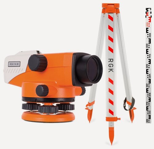Изображение товара Комплект оптический нивелир RGK N-38 + штатив S6-N + рейка AMO S3
