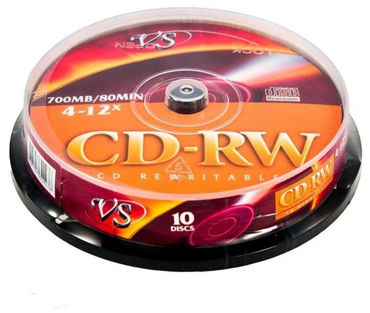 Носители информации CD-RW, 4x-12x, VS, Cake/10, VSCDRWCB1001, 1 уп.