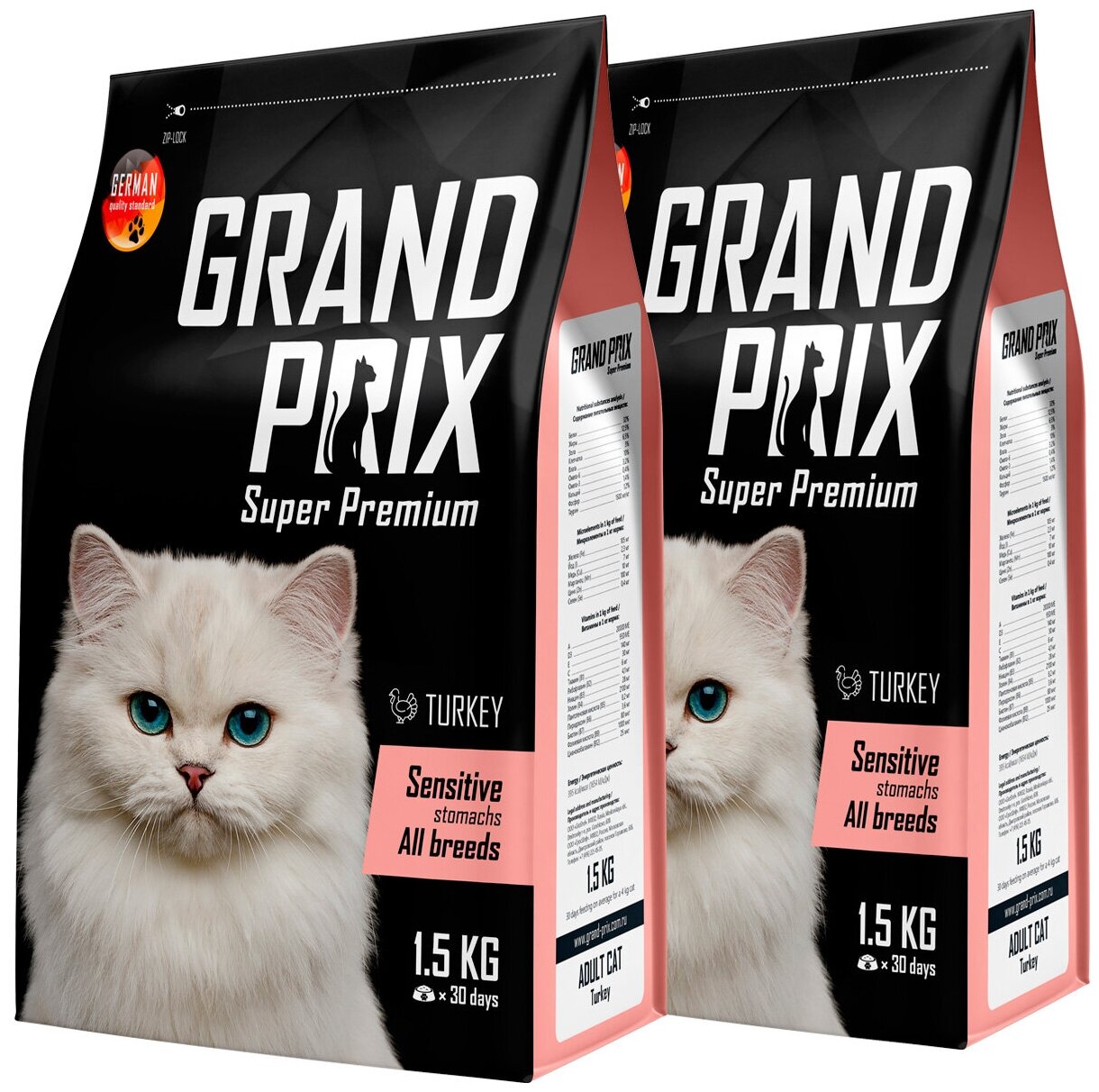 GRAND PRIX ADULT CAT SENSITIVE STOMACH для взрослых кошек с чувствительным пищеварением с индейкой (1,5 + 1,5 кг)