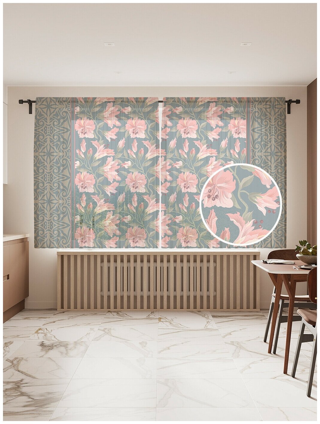 Тюль для кухни и спальни JoyArty "Розовые цветы", 2 полотна со шторной лентой шириной по 145 см, высота 180 см.