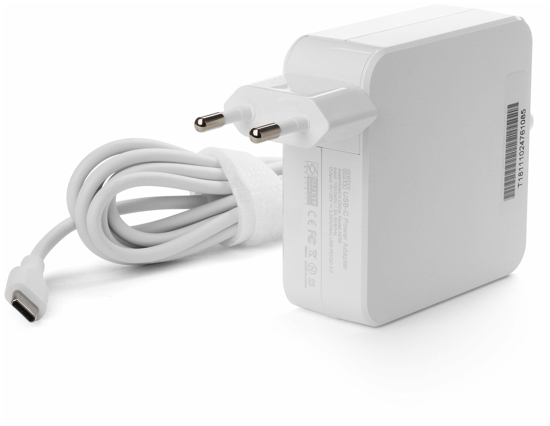 Универсальный блок питания 65W с портом USB-C, Power Delivery 3.0, Quick Charge 3.0, кабель 175 см. Белый