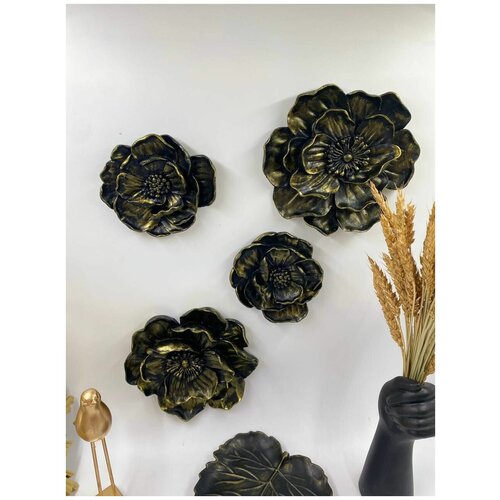 Украшение интерьерное на стену 3д цветы из гипса, панно на стену, декор, цвет черный с золотом, набор 4 шт +поднос лист