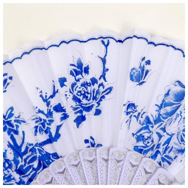 Веер пластик, текстиль " Синий рисунок на белом" МИКС 23 см