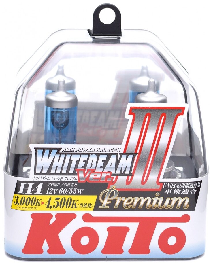 Лампы галогенные Koito Whitebeam Premium, H4, 4500K, 60/55W, коробка, 2 шт