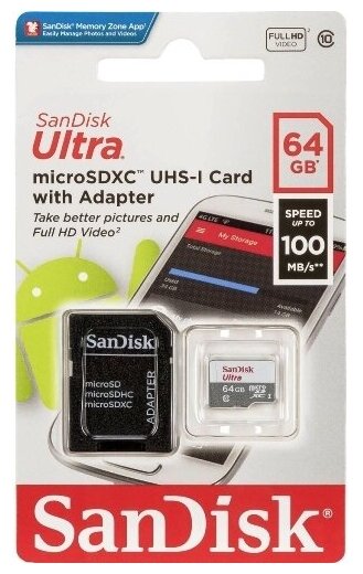 Карта памяти microSDXC SanDisk SDSQUNR-064G-GN3MA 64 Гб класс 10 Ultra UHS-I 100 Мб/с, с адаптером SD