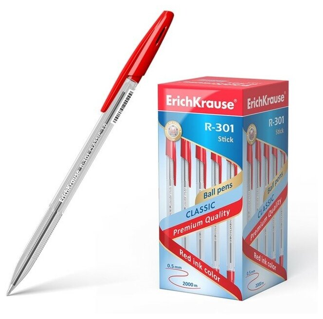 фото Ручка шариковая Erich Krause R-301 Classic Stick, узел 1.0 мм, чернила красные, длина линии письма 2000 метров, штрихкод на ручке
