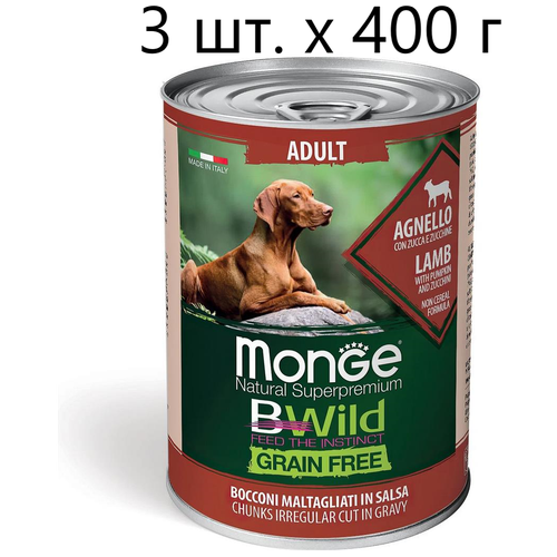 Влажный корм для собак Monge Dog BWILD Grain Free Adult AGNELLO, беззерновой, ягненок, с тыквой, с цукини, 96 шт. х 400 г