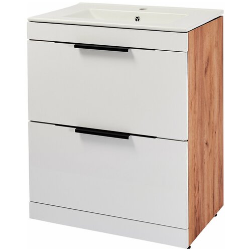 Тумба под раковину, Тумба для ванной Daiva casa, 70х46х85 см, напольная амали 2 ящика, с торцевой ручкой, белая матовая, Дуб крафт золотой, 700х850х460 мм