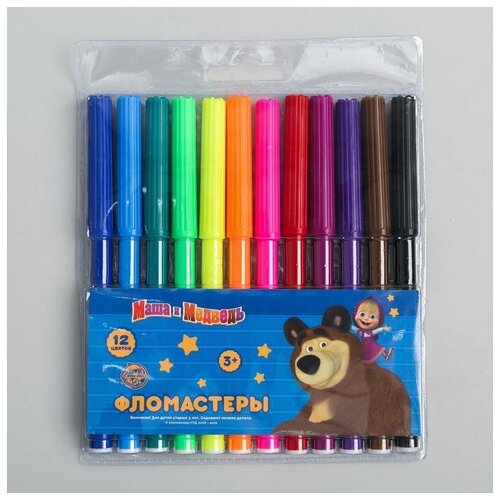 Фломастеры 12 цветов «Маша и Медведь», в пенале, вентилируемый колпачок, длина линии письма более 400 м, европодвес