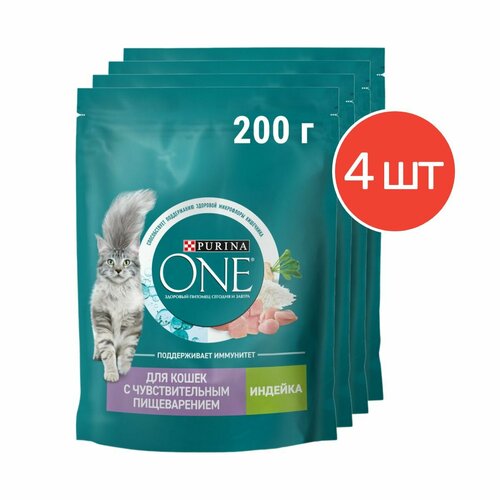 Сухой корм Purina ONE для кошек с чувствительным пищеварением с индейкой и рисом, 200 г 4 шт