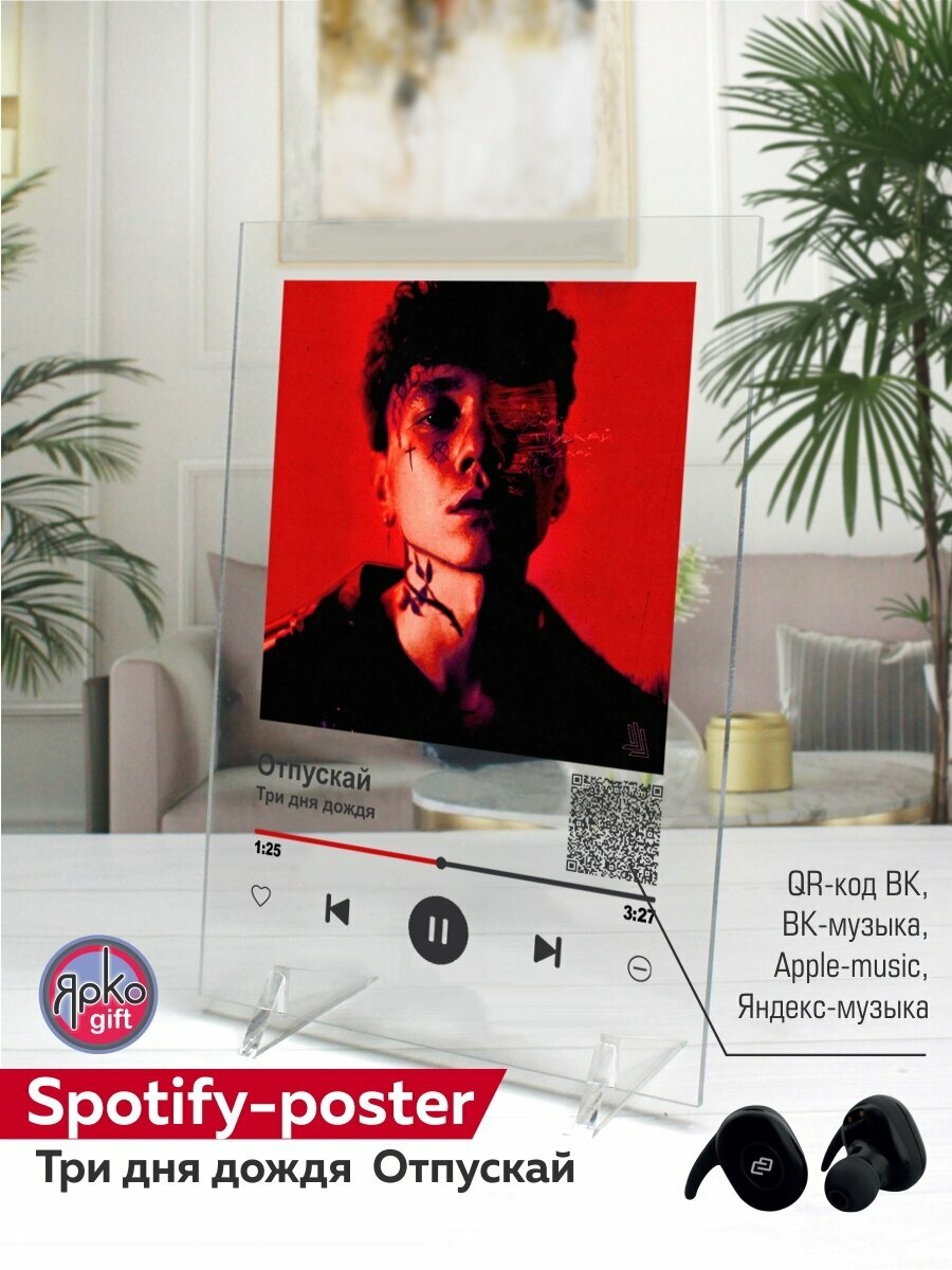 Три дня дождя - Отпускай Spotify-постер 14х20 см/ музыкальная трек-пластинка/ постеры картины для интерьера на стекле/ спотифай сувенир подарок
