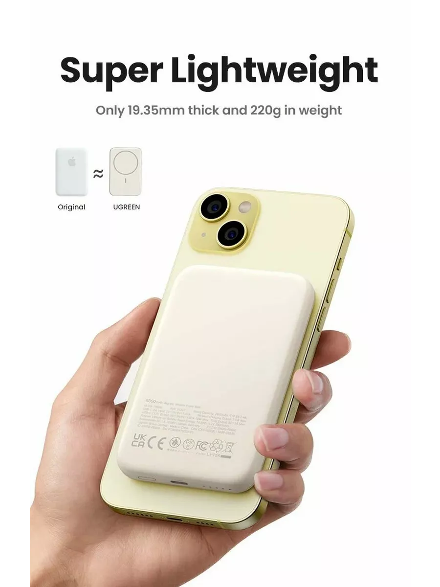 Внешний аккумулятор Ugreen Внешний аккумулятор магнитный UGREEN PB561, Wireless Charging, 10000mAh, пластик, USB-C, белый — фото 1