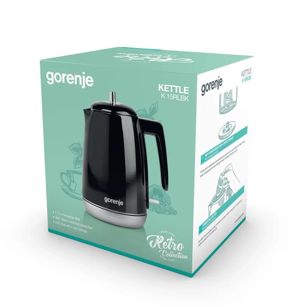 Чайник электрический Gorenje K15RLBK черный, объём 1.7л, мощность 2200Вт, материал корпуса: металл/пластик — фото 1