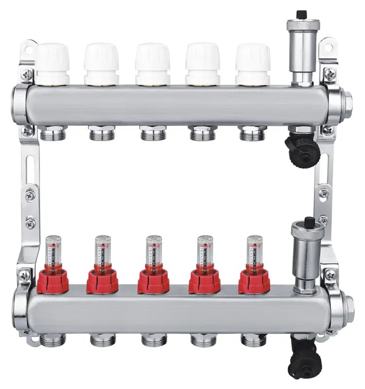 Коллекторная группа с расходомерами Спец 1"x3/4" на 5 выходов нержавеющая сталь