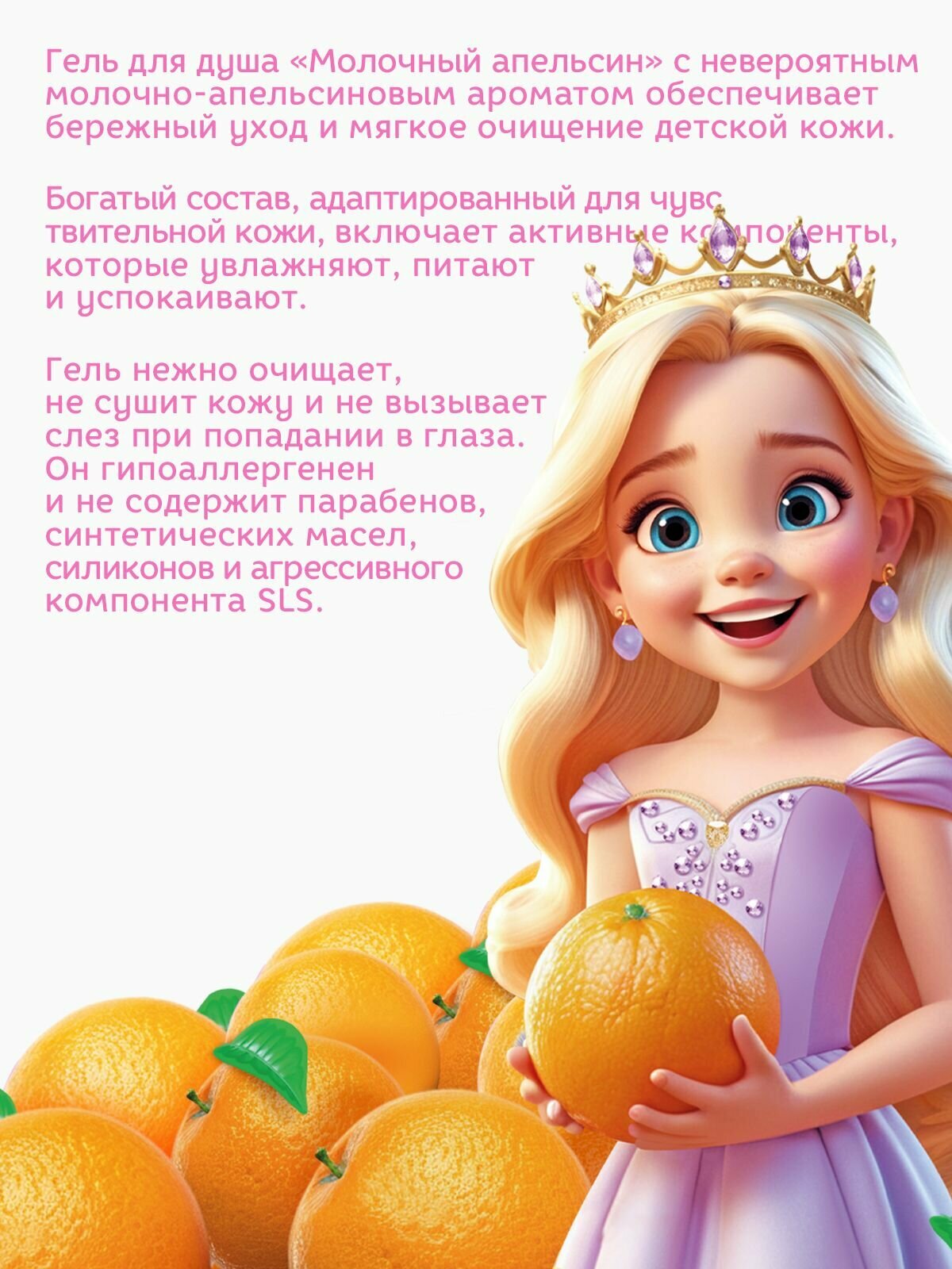 Гель Для Купания Детский Принцесса детский Гель для душа Молочный апельсин для девочек, 400 мл